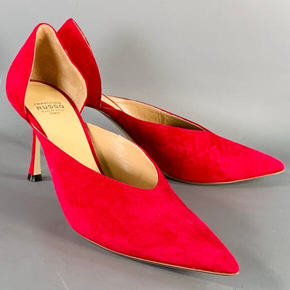 FRANCESCO RUSSO Size 7 Red Suede Pointed Toe D'Orsay Pumps - Picture 2 of 11